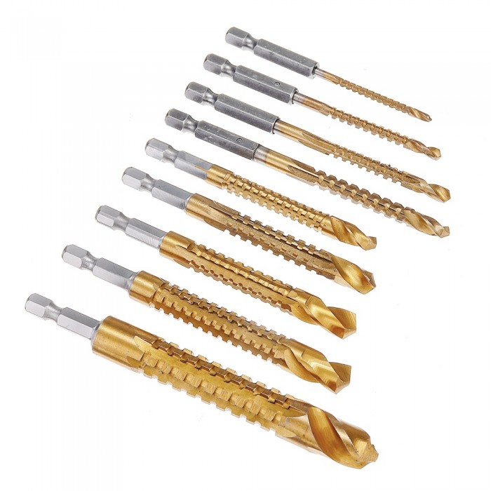 9pcs 3-13mm 1/4&#8243; Hex Shank HSS Titanium Woodworking Drill Hole Grooving Saw Teeth Drill Bit Set