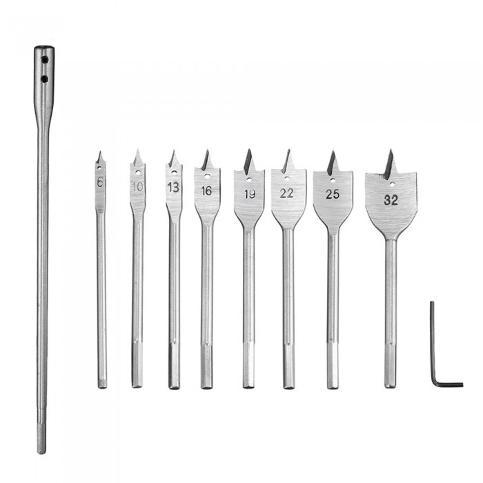 10pcs Wood Flat Drill Bit Set 6-32mm with 12 Inch Extension Shank and Hex Wrench